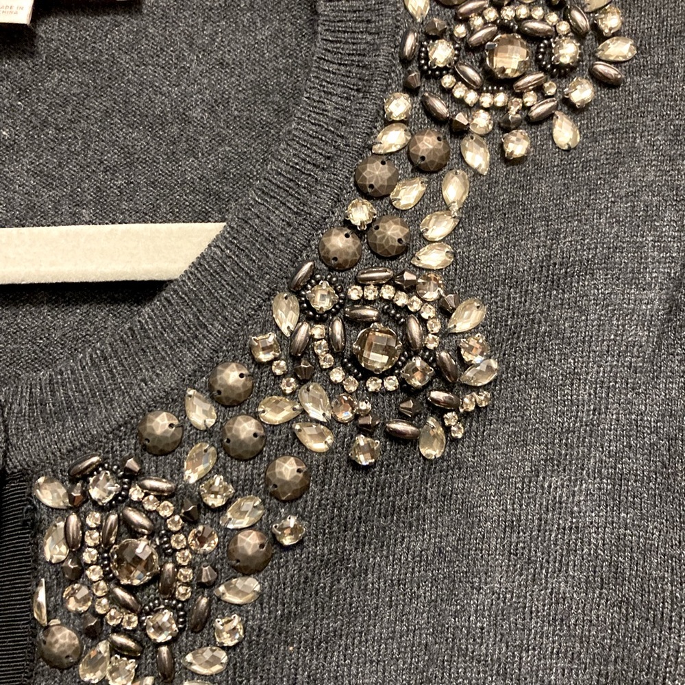 Dark Grew Jeweled Neckline Cardigan, Loft, Size Large